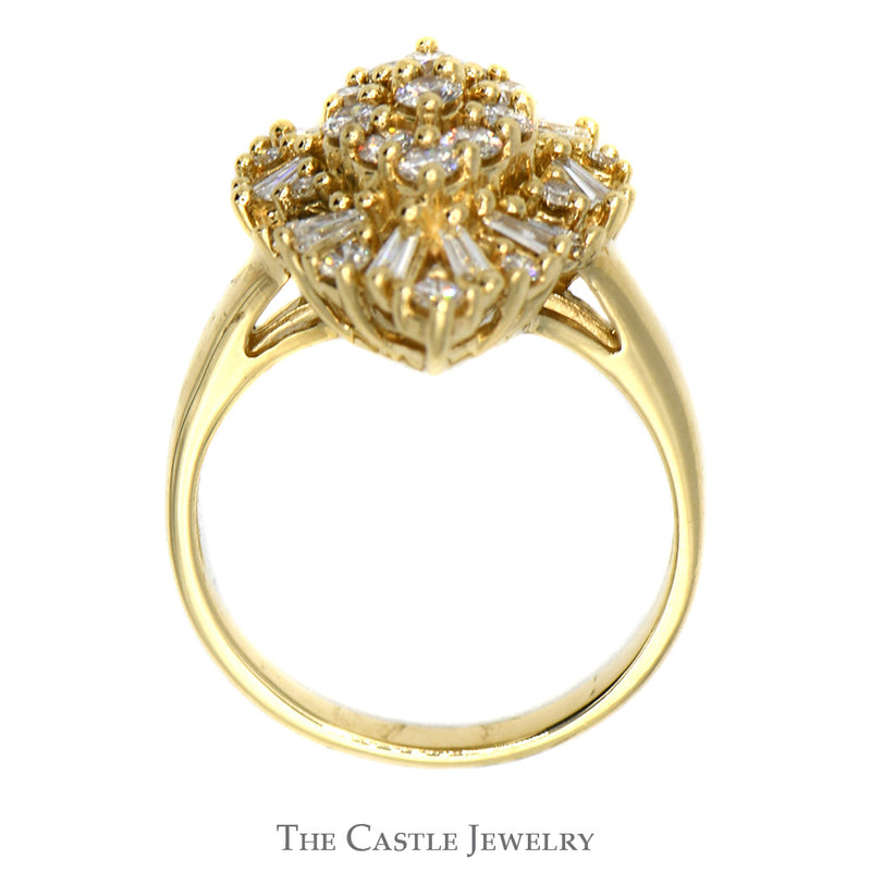 Pear Shaped Round and Baguette Cut Diamond Cluster Cocktail Ring in 10k Yellow Gold