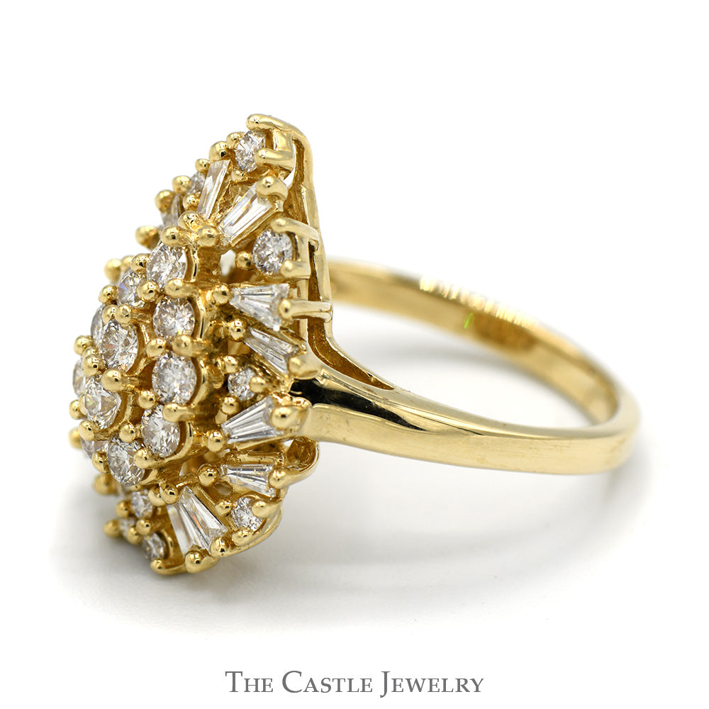 Pear Shaped Round and Baguette Cut Diamond Cluster Cocktail Ring in 10k Yellow Gold