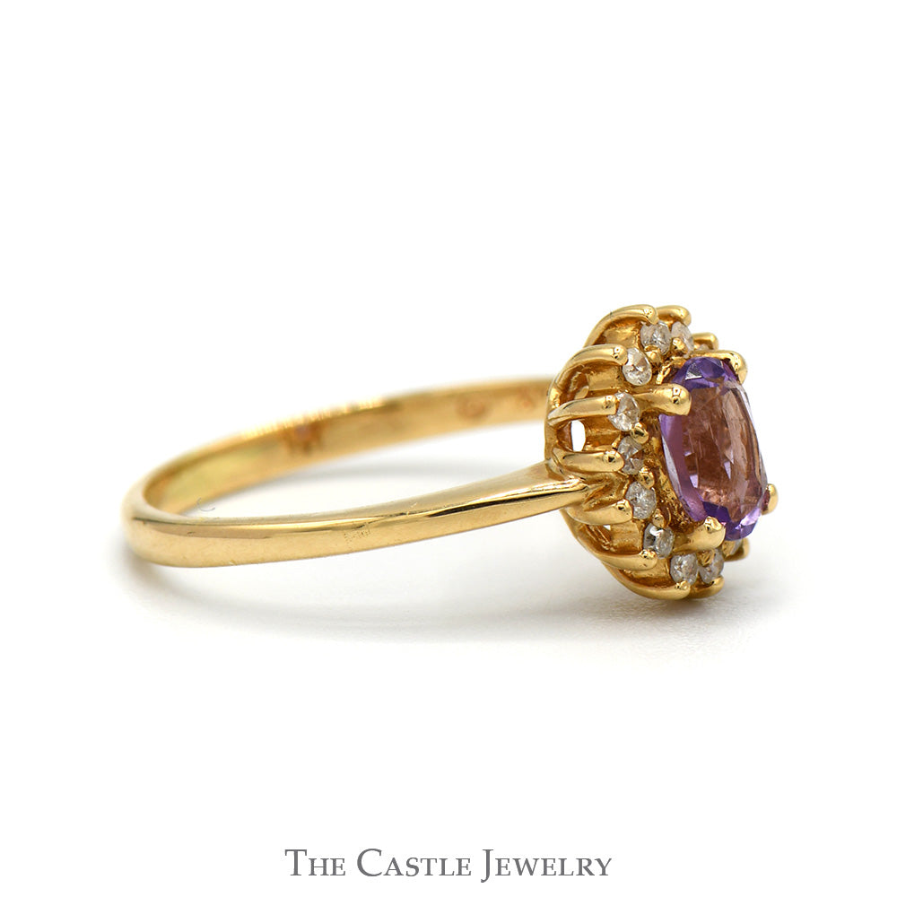 Oval Amethyst Ring with Diamond Halo in 14k Yellow Gold