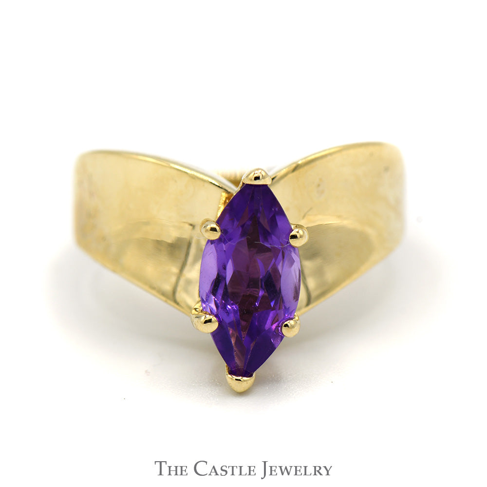 Marquise Amethyst Ring in V Shaped Concave Design 10k Yellow Gold Band