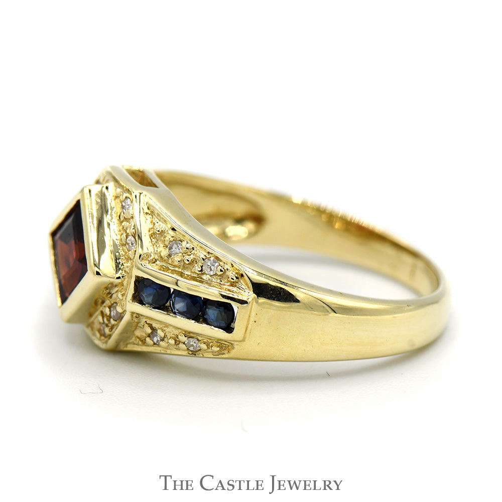 Square Garnet and Round Sapphire Ring with Diamond Accents in 14k Yellow Gold