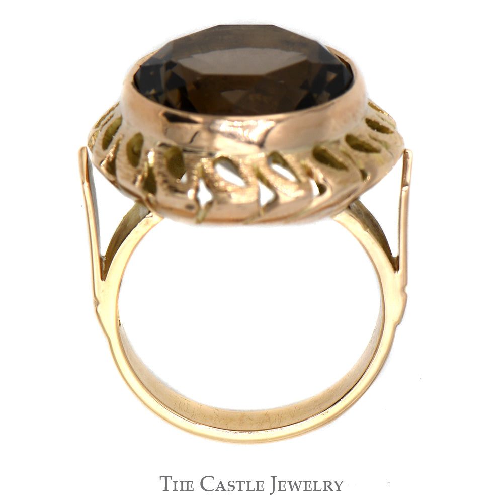 Round Smokey Quartz Ring with Leaf Designed Open Bezel in 14k Yellow Gold