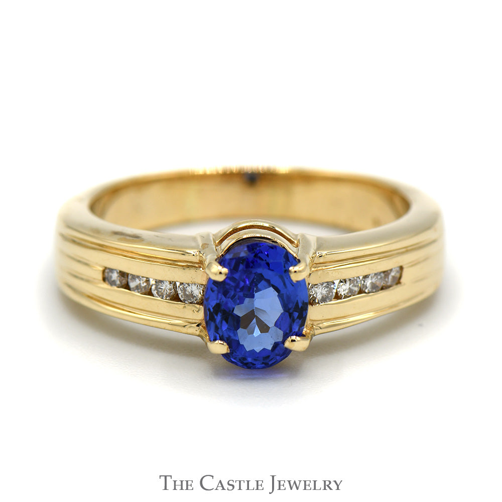 Oval Tanzanite Ring with Channel Set Round Diamond Accents in 14K Yellow Gold