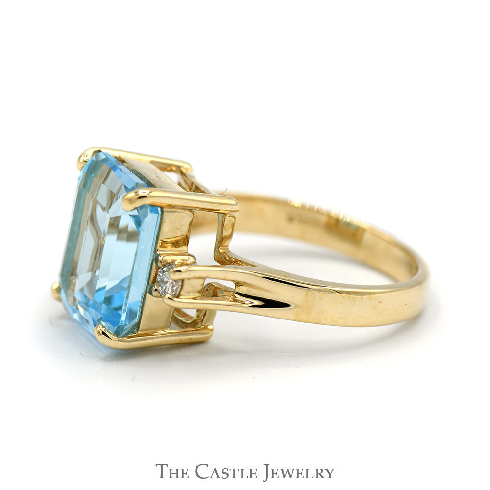 Emerald Cut Blue Topaz Ring with Round Diamond Accents in 14k Yellow Gold