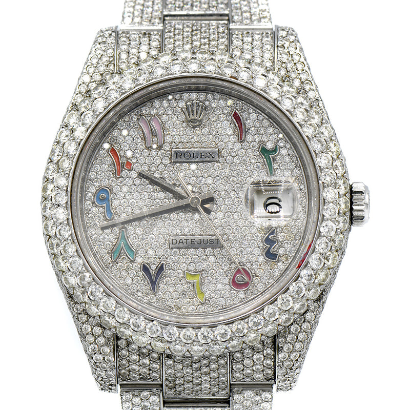 Iced Out Diamond Rolex Datejust 116334 41mm Watch with Diamond Oyster Bracelet, Bezel, Case & Arabic Dial