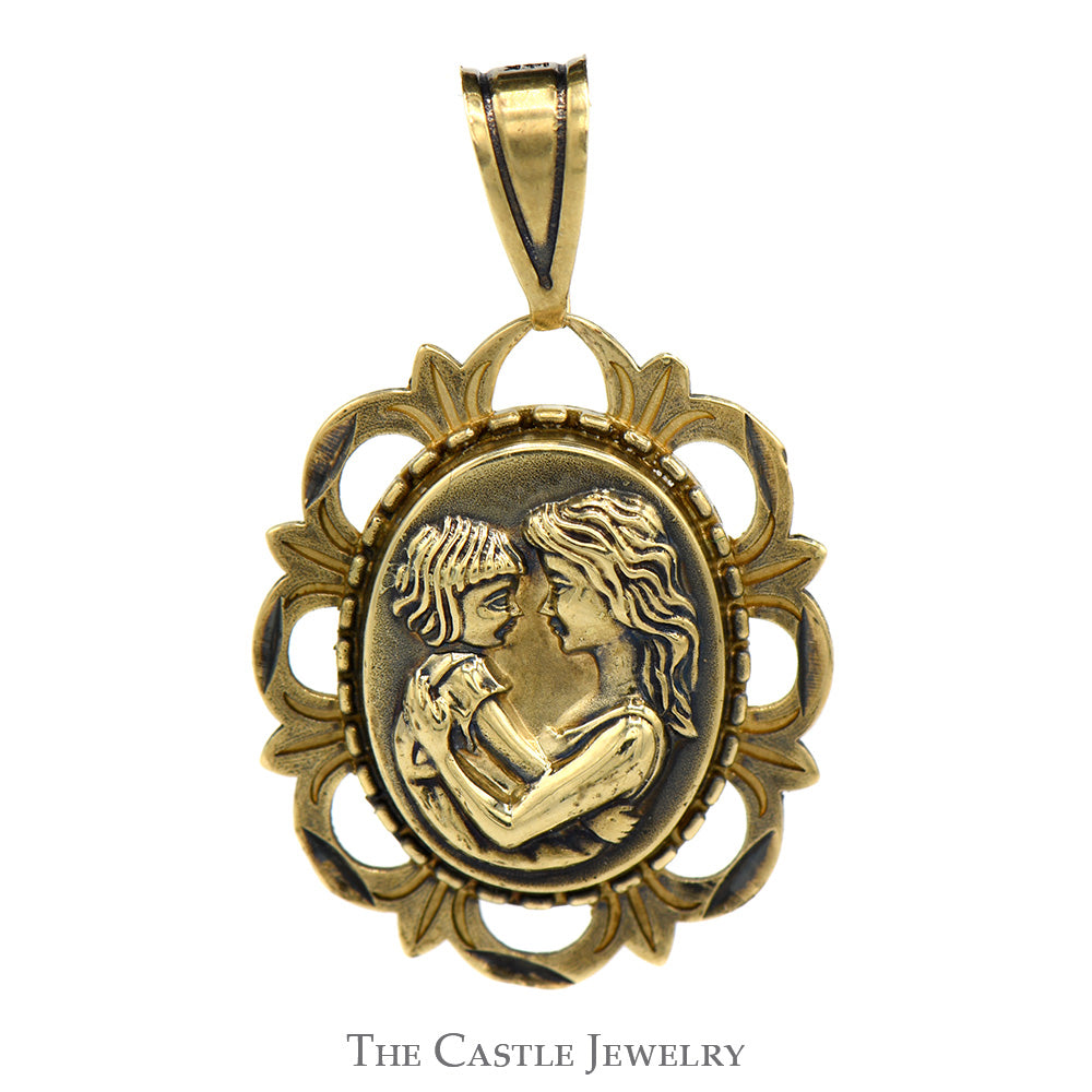 Mother & Child Pendant with Scroll Style Bezel in 14k Yellow Gold
