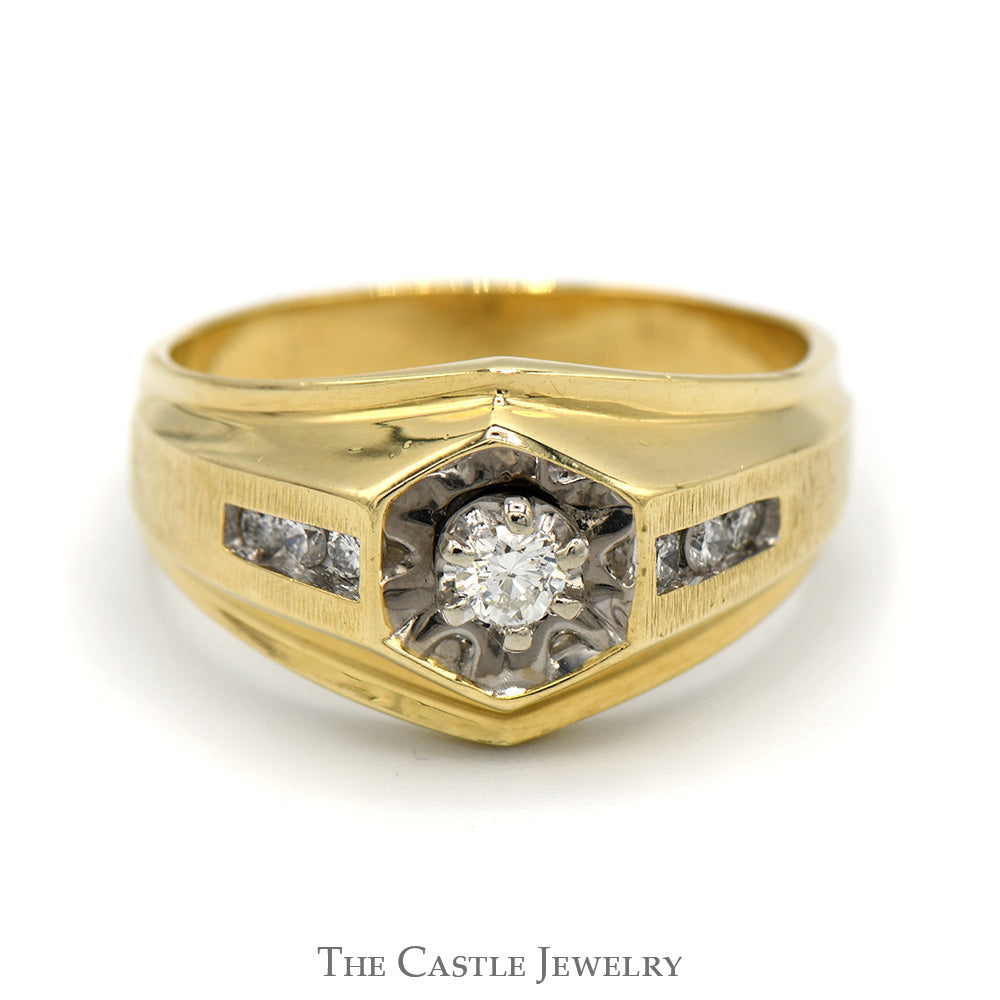 Men's Diamond Ring in Hexagonal Setting with Diamond Accents in 14k Yellow Gold