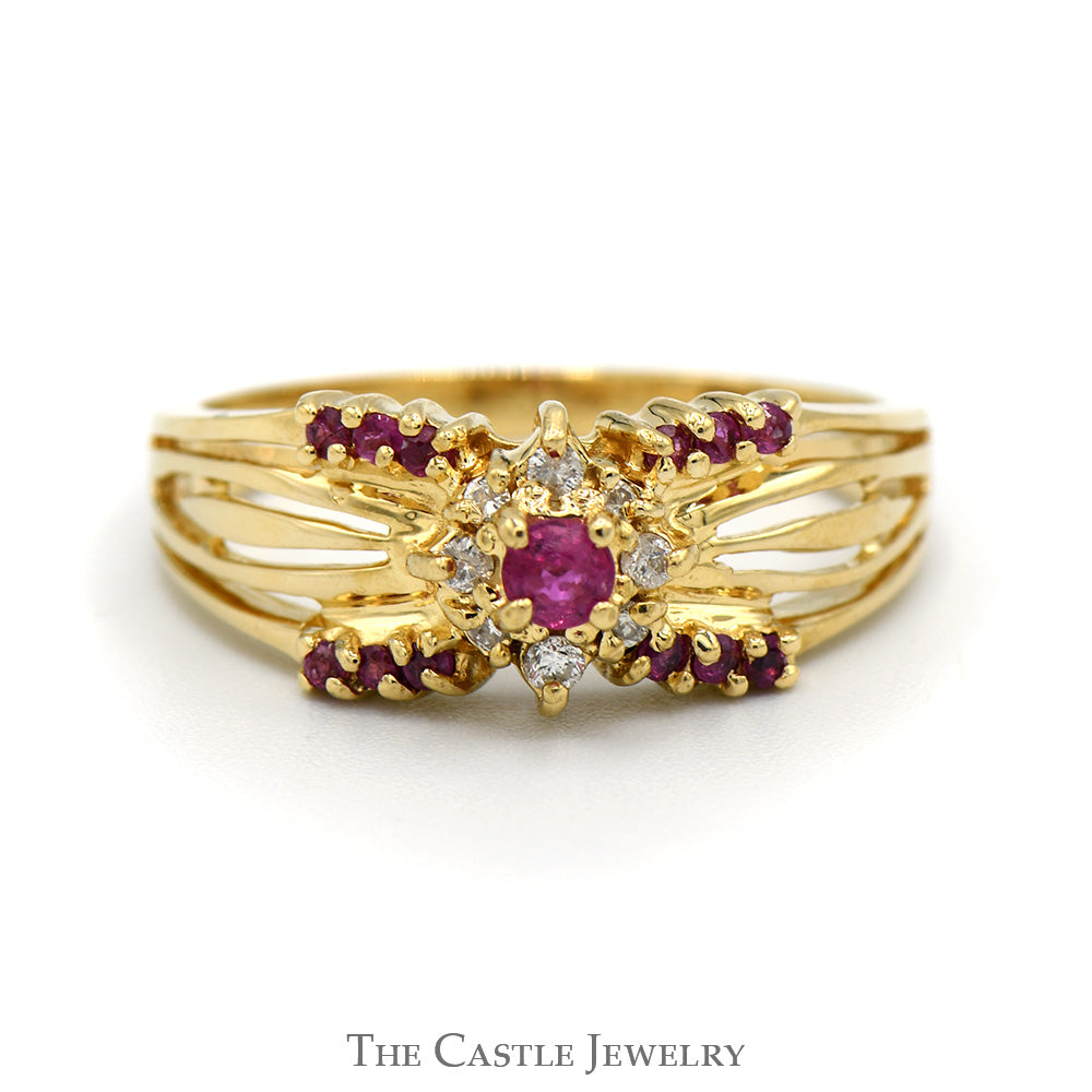 Ruby & Diamond Cluster Ring with Split Shank Ornate Sides in 14k Yellow Gold