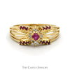 Ruby & Diamond Cluster Ring with Split Shank Ornate Sides in 14k Yellow Gold - Thumbnail 1