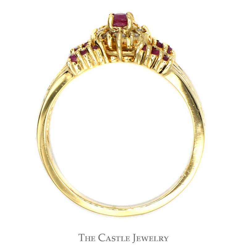 Ruby & Diamond Cluster Ring with Split Shank Ornate Sides in 14k Yellow Gold