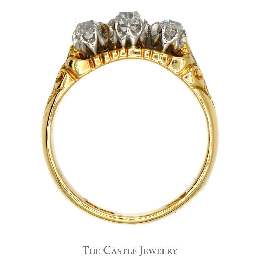 3 Stone Old Mine Cut Diamond Ring with Diamond Accented Sides in 10k Yellow Gold