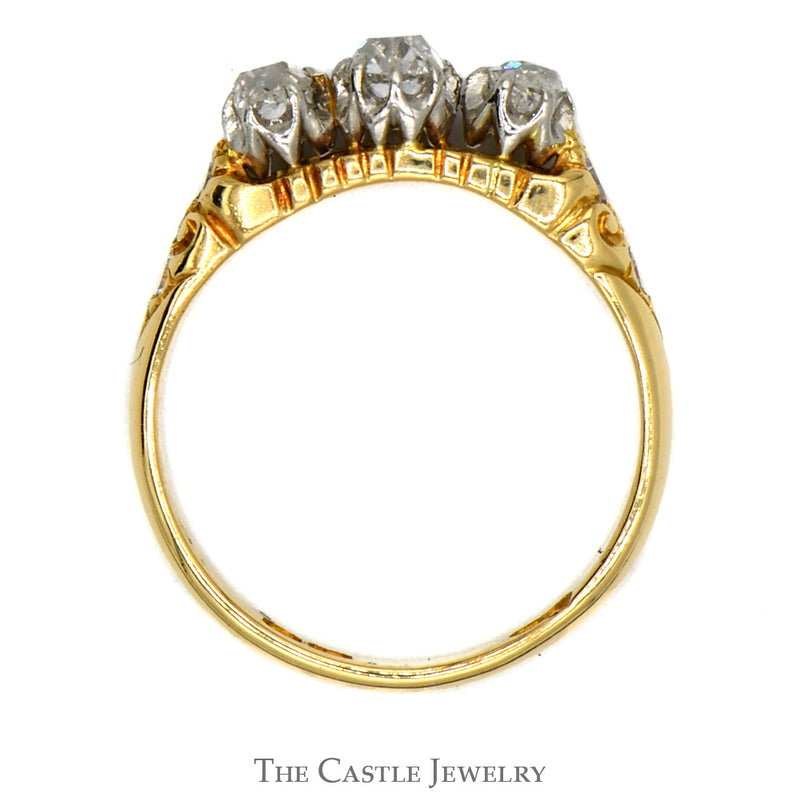 3 Stone Old Mine Cut Diamond Ring with Diamond Accented Sides in 10k Yellow Gold