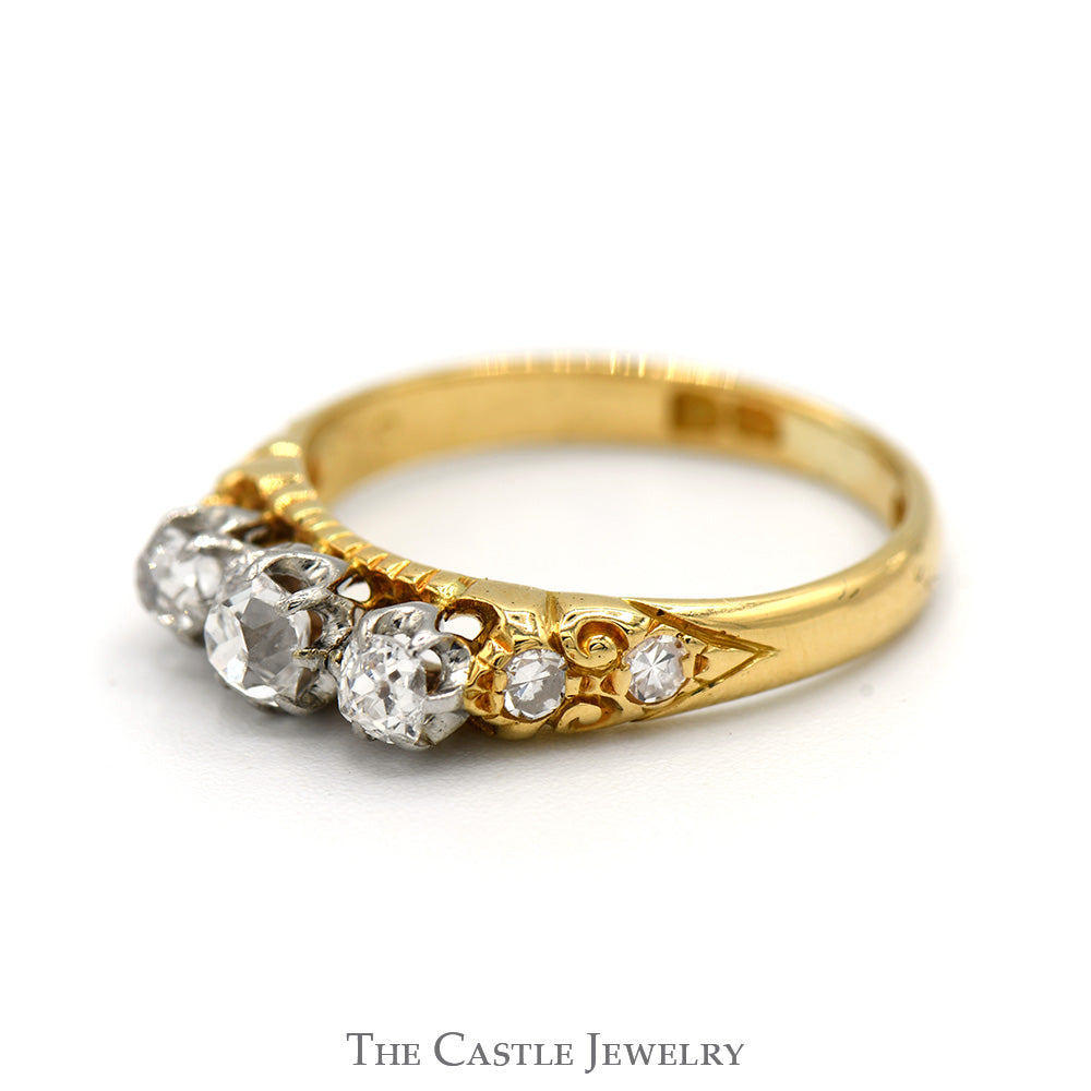 3 Stone Old Mine Cut Diamond Ring with Diamond Accented Sides in 10k Yellow Gold