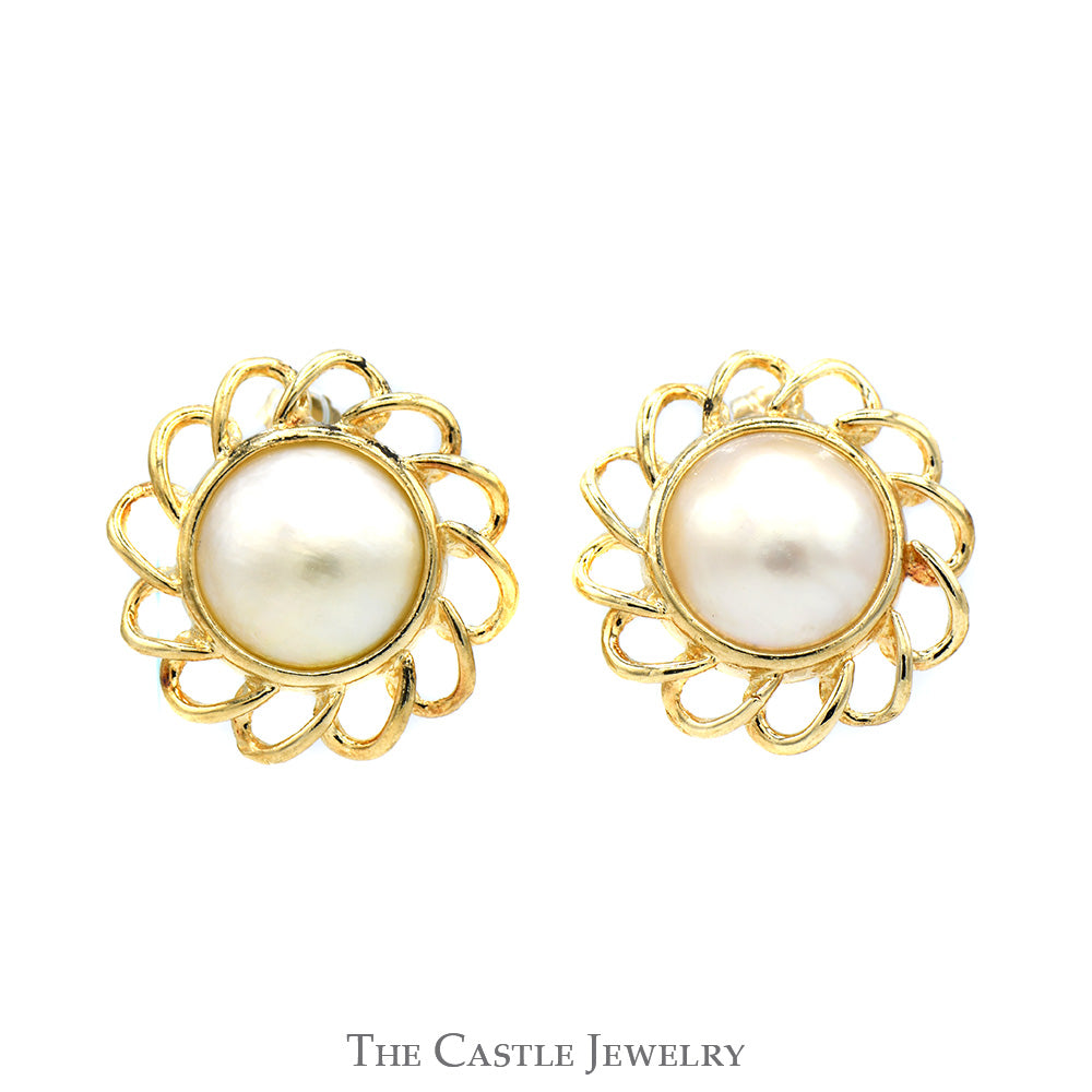 Mabe Pearl Earrings with Open Scalloped Bezels in 14k Yellow Gold Butterfly Pushbacks