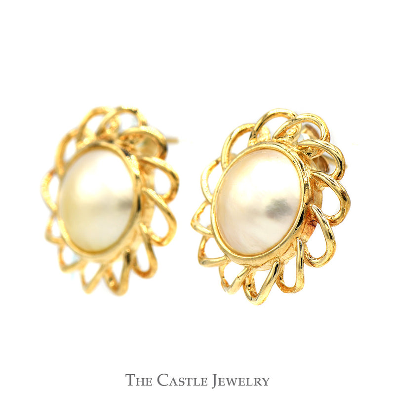 Mabe Pearl Earrings with Open Scalloped Bezels in 14k Yellow Gold Butterfly Pushbacks