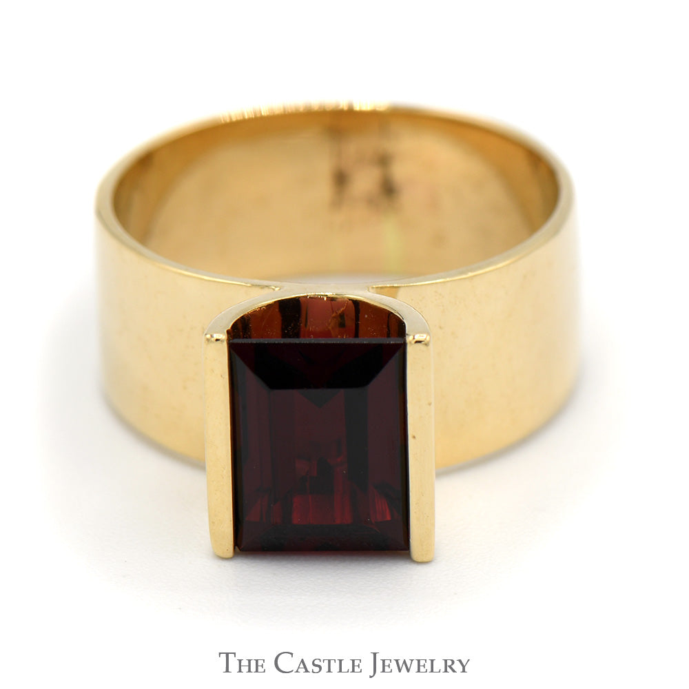 Emerald Cut Garnet Ring in 14k Yellow Gold 8mm Wide Polished Band