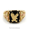 Black Onyx Eagle Men's Ring with Two Tone Leaf Designed Sides in 10k Yellow and Rose Gold - Thumbnail 1
