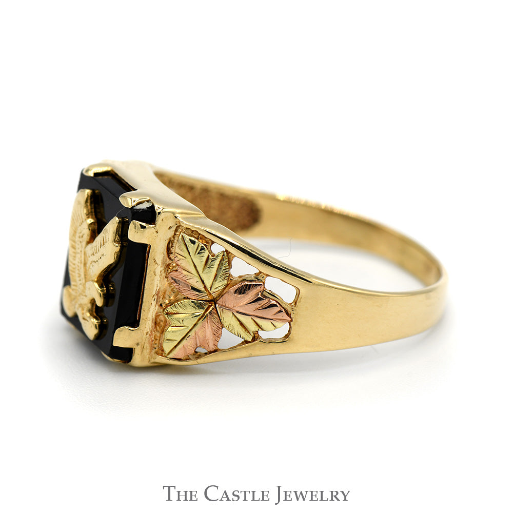 Black Onyx Eagle Men's Ring with Two Tone Leaf Designed Sides in 10k Yellow and Rose Gold