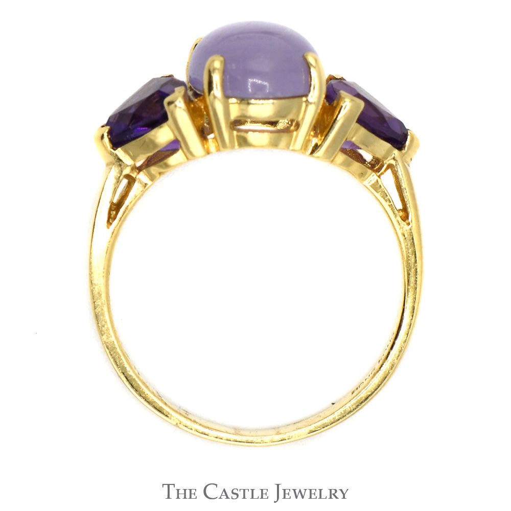 Oval Cabochon Lavender Jade Ring with Trillion Cut Amethyst Accents in 14k Yellow Gold