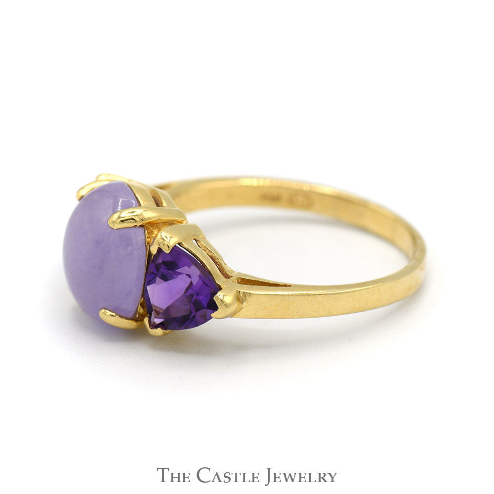 Oval Cabochon Lavender Jade Ring with Trillion Cut Amethyst Accents in 14k Yellow Gold