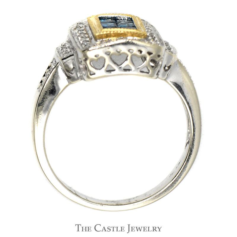 Invisiset Blue Diamond Cluster Ring with Diamond Halo and Accents in 14k Two Tone Gold