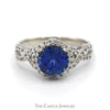 Round Created Sapphire Ring with White Sapphire Halo and Accents in 14k White Gold - Thumbnail 1