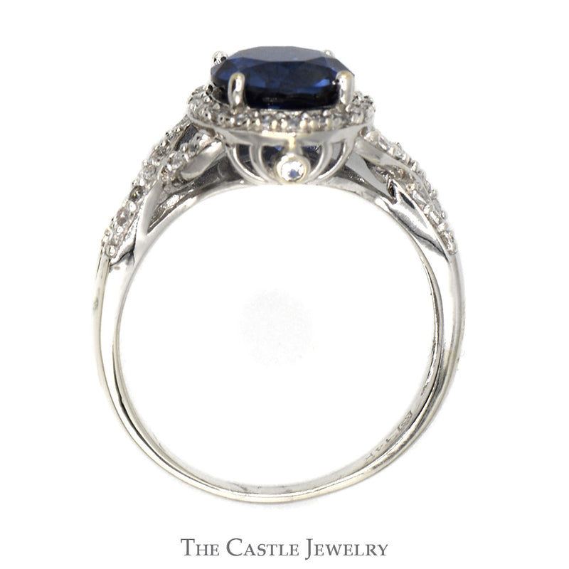 Round Created Sapphire Ring with White Sapphire Halo and Accents in 14k White Gold