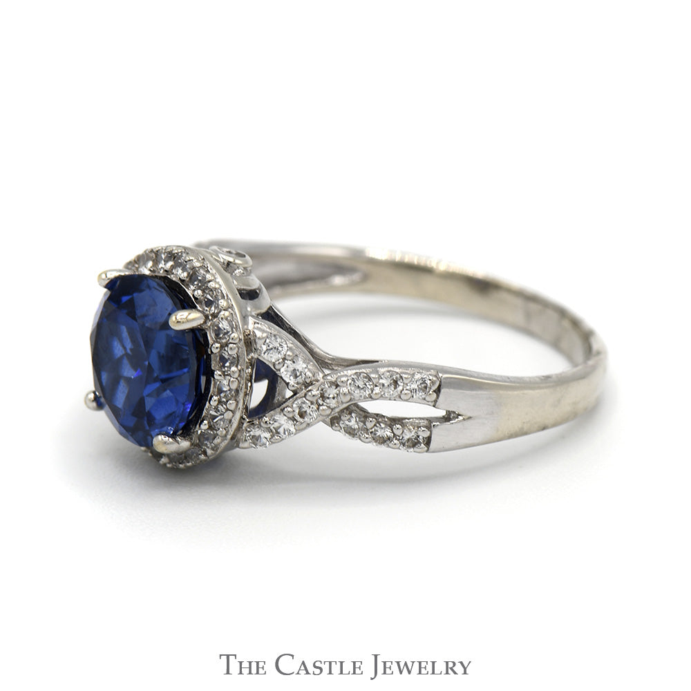 Round Created Sapphire Ring with White Sapphire Halo and Accents in 14k White Gold