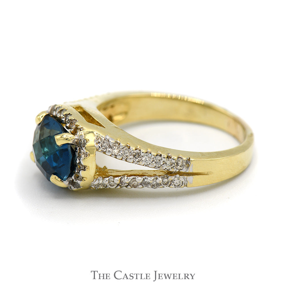 Oval Fantasy Cut Blue Topaz Ring with Diamond Accents in 14k Yellow Gold Split Shank Setting