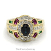 Oval Sapphire Ring with Diamond, Ruby and Emerald Accents in 14k Yellow Gold - Thumbnail 1