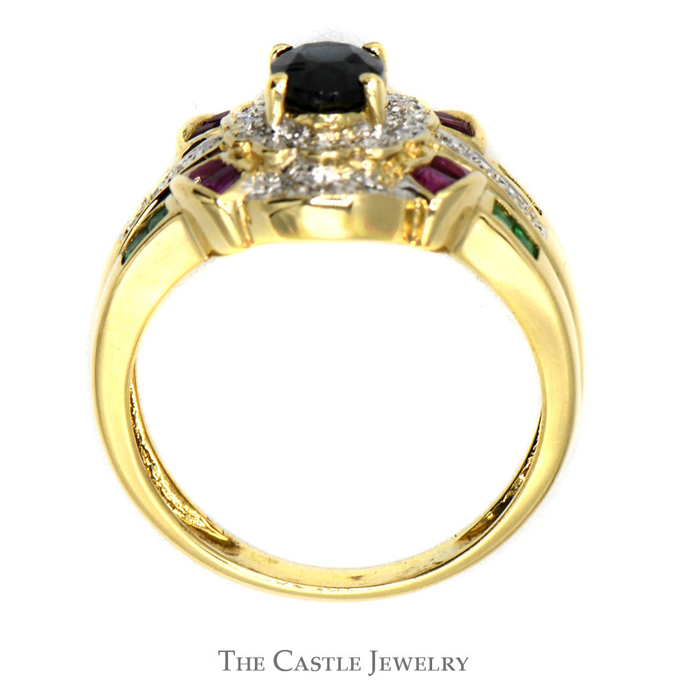 Oval Sapphire Ring with Diamond, Ruby and Emerald Accents in 14k Yellow Gold