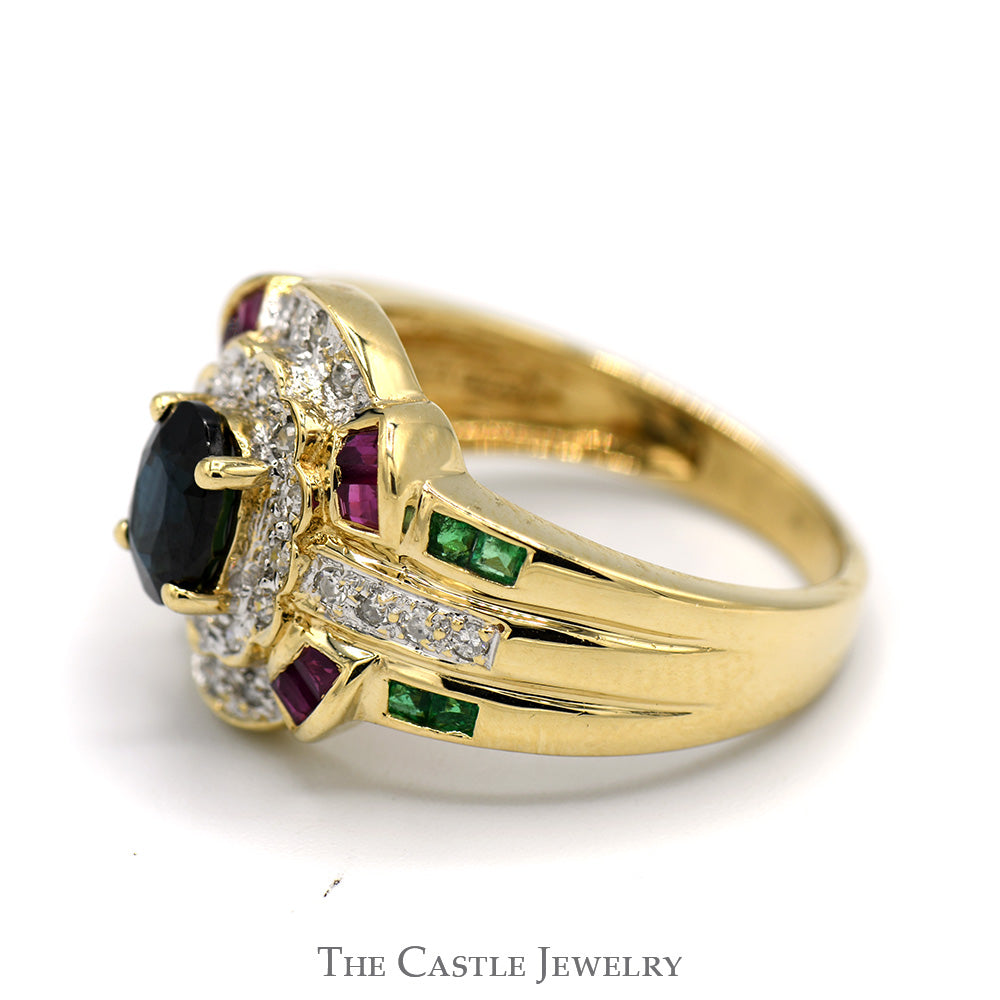 Oval Sapphire Ring with Diamond, Ruby and Emerald Accents in 14k Yellow Gold
