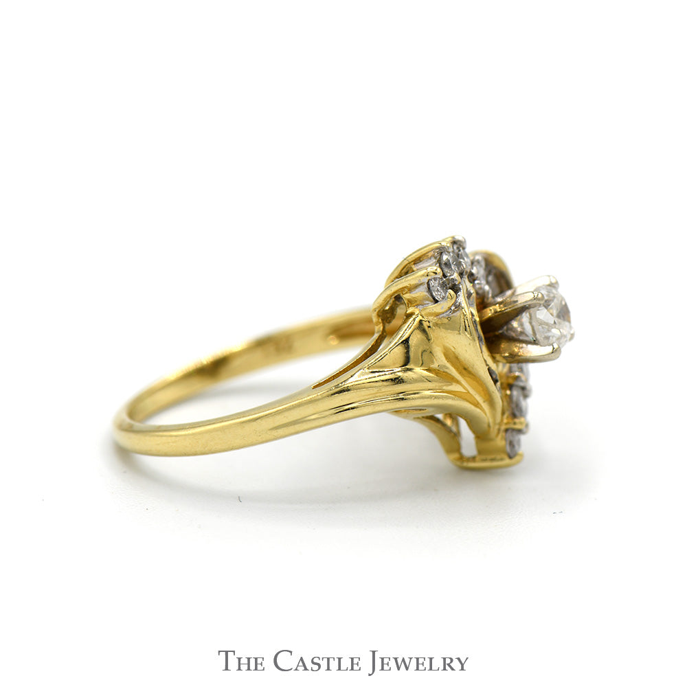 Heart Shaped Round and Baguette Cut Diamond Cluster Ring in 14k Yellow Gold