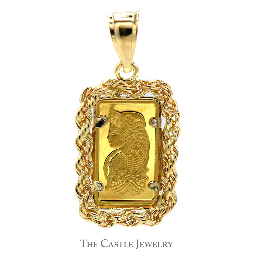 24k Suisse "Lady Fortuna" 1G Fine Gold Bar Pendant with Rope Bezel in 14k Yellow Gold