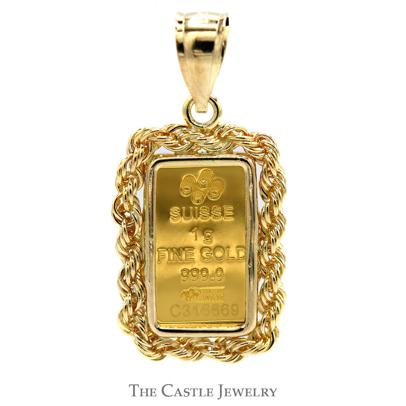24k Suisse "Lady Fortuna" 1G Fine Gold Bar Pendant with Rope Bezel in 14k Yellow Gold