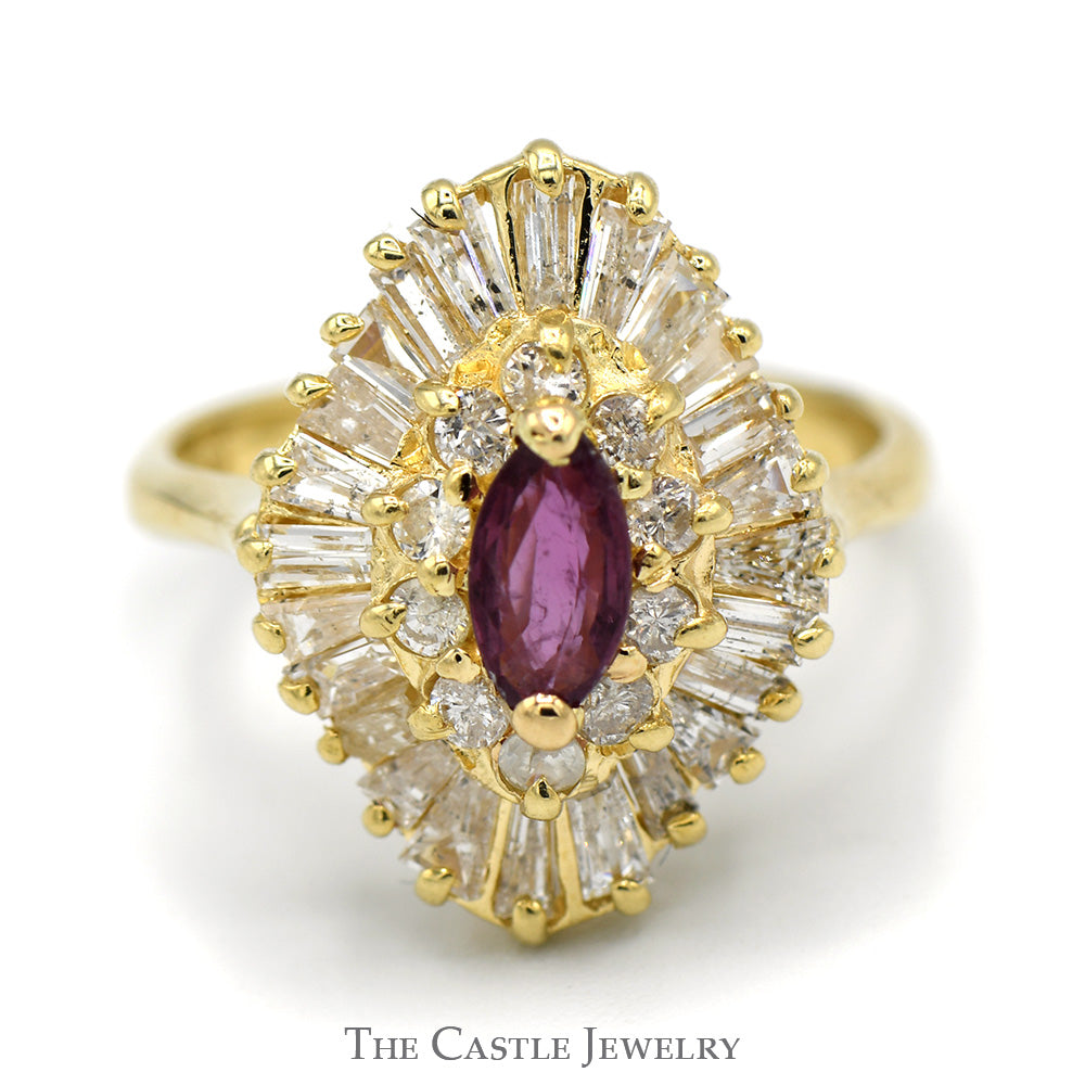 Marquise Cut Ruby Solitaire with Round & Baguette Diamond Ballerina Ring in 14k Yellow Gold