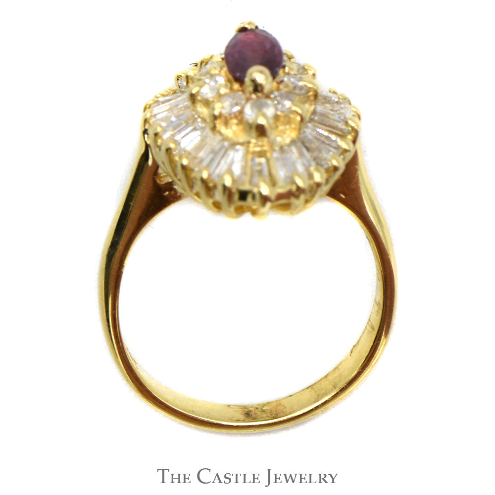 Marquise Cut Ruby Solitaire with Round & Baguette Diamond Ballerina Ring in 14k Yellow Gold