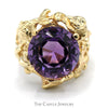 Large Round Amethyst Ring with Vine & Fish Design in 14k Yellow Gold - Thumbnail 1