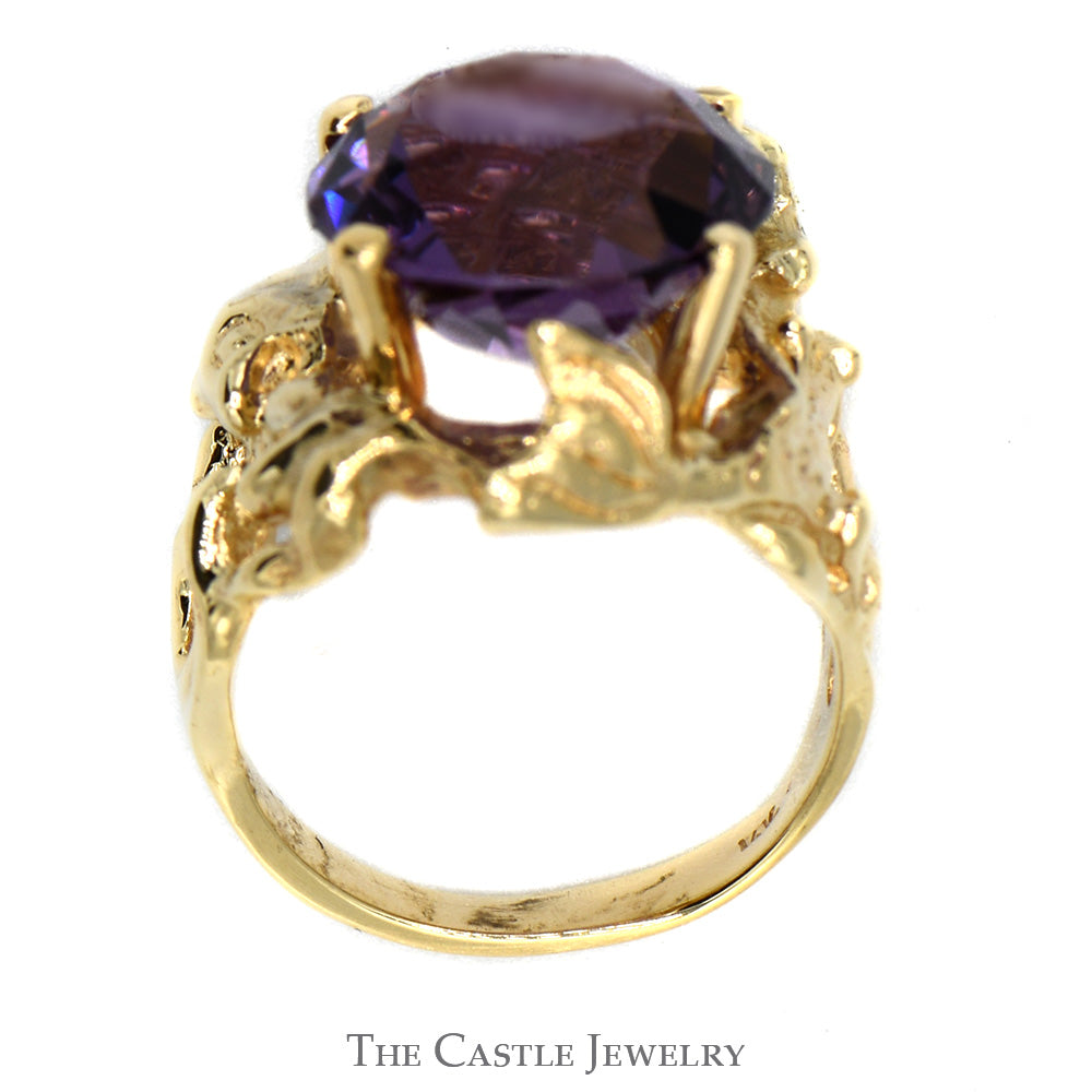 Large Round Amethyst Ring with Vine & Fish Design in 14k Yellow Gold