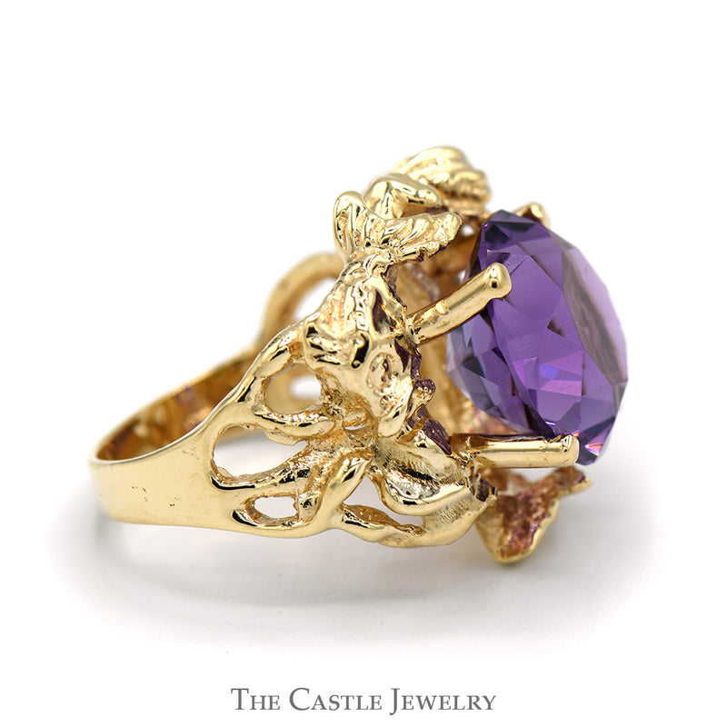 Large Round Amethyst Ring with Vine & Fish Design in 14k Yellow Gold
