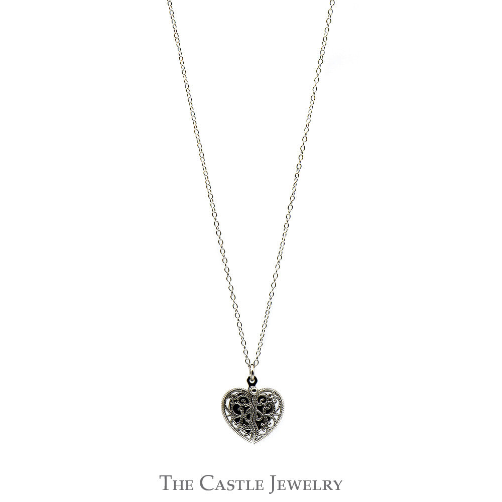 Sterling Silver "Inner Beauty" 15mm Wide Heart Shaped Necklace with Diamond Accent on Adjustable Chain
