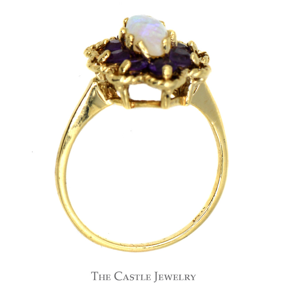 Marquise Opal Ring with Amethyst Halo and Floral Bezel in 14k Yellow Gold