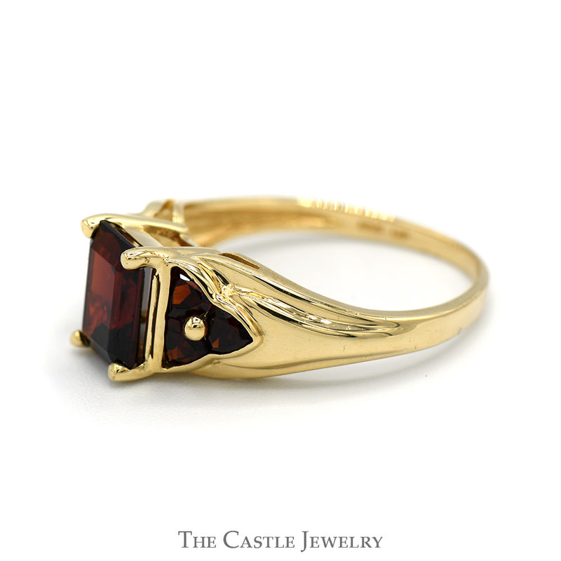 Emerald Cut Garnet Ring with Triangle Shaped Garnet Cluster Accented Sides in 14k Yellow Gold