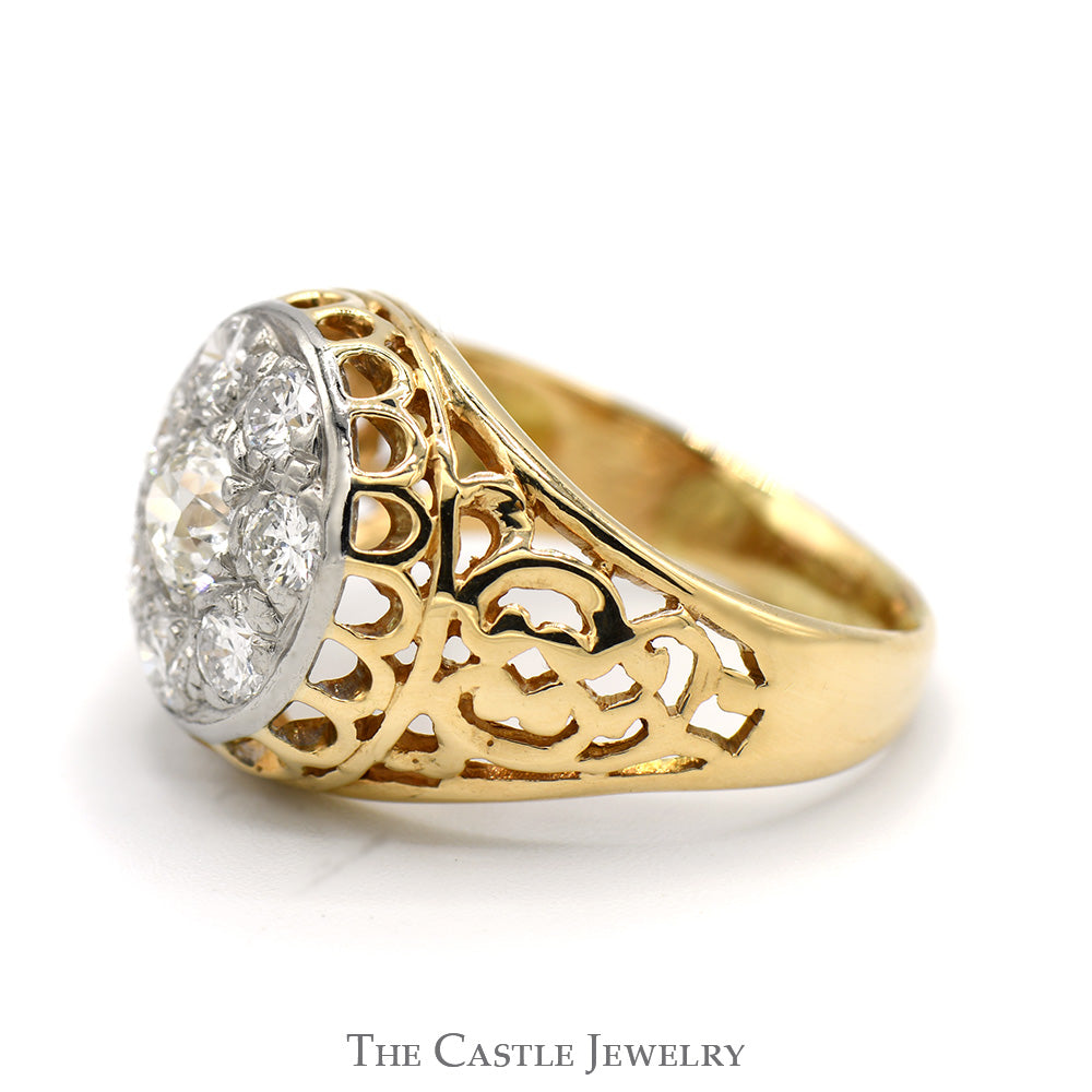 1.5cttw 8 Stone Diamond Kentucky Cluster Ring with Filigree Sides in 10k Yellow Gold