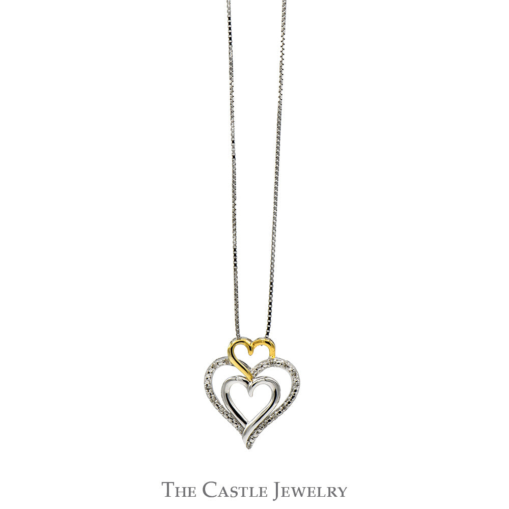18" Diamond, Sterling Silver and Yellow Gold Triple Heart Necklace