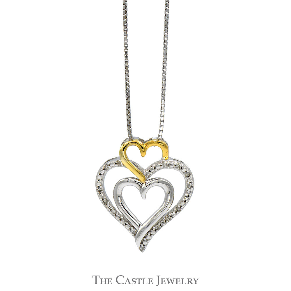 18" Diamond, Sterling Silver and Yellow Gold Triple Heart Necklace