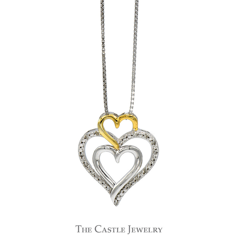 18" Diamond, Sterling Silver and Yellow Gold Triple Heart Necklace