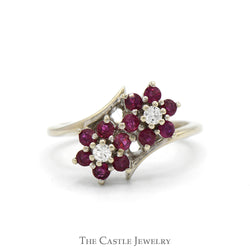 Double Round Ruby Flower Cluster Ring with Diamond Accents in 14k White Gold