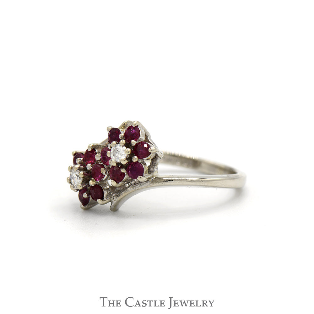 Double Round Ruby Flower Cluster Ring with Diamond Accents in 14k White Gold