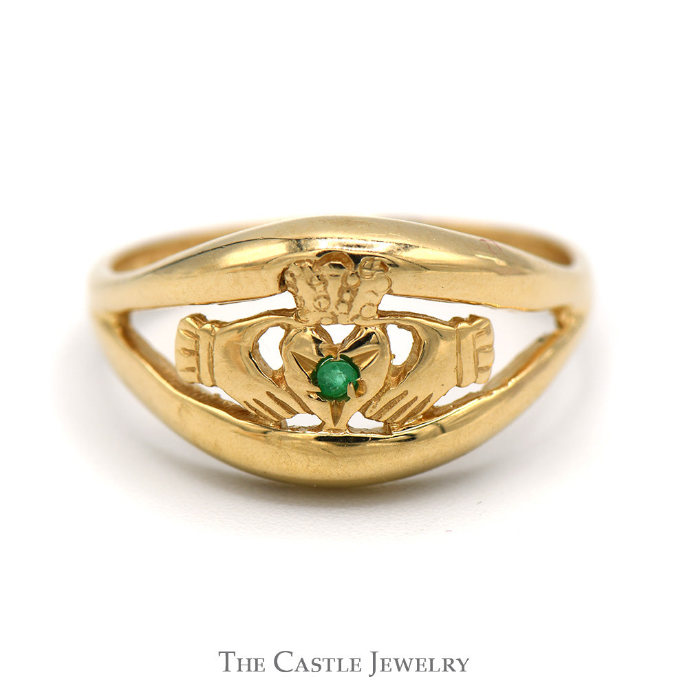 Round Cut Emerald Claddagh Ring in 14k Yellow Gold